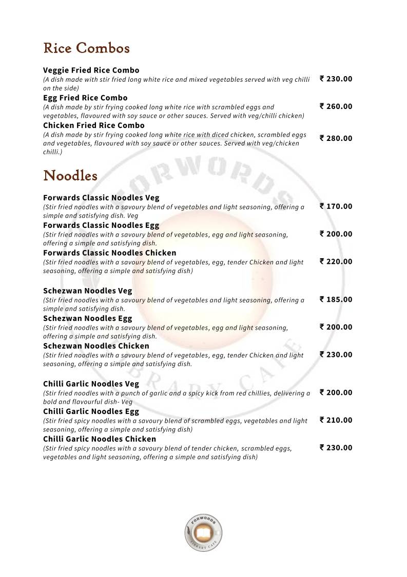 Forwords Library Cafe menu