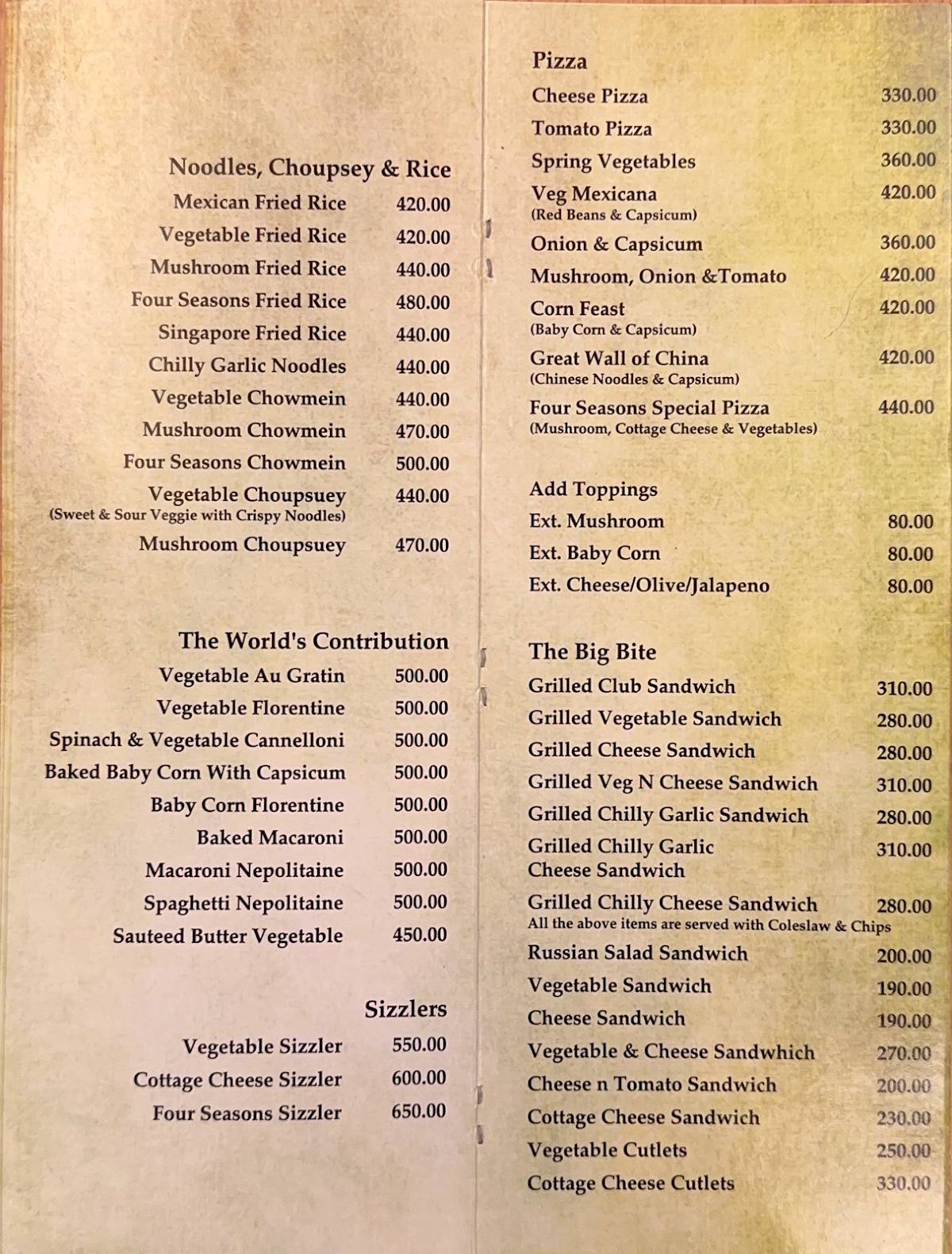 Four Seasons Restaurant menu