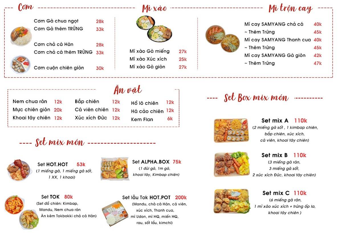 Menu at Gà rán AlphaGo restaurant, Hue