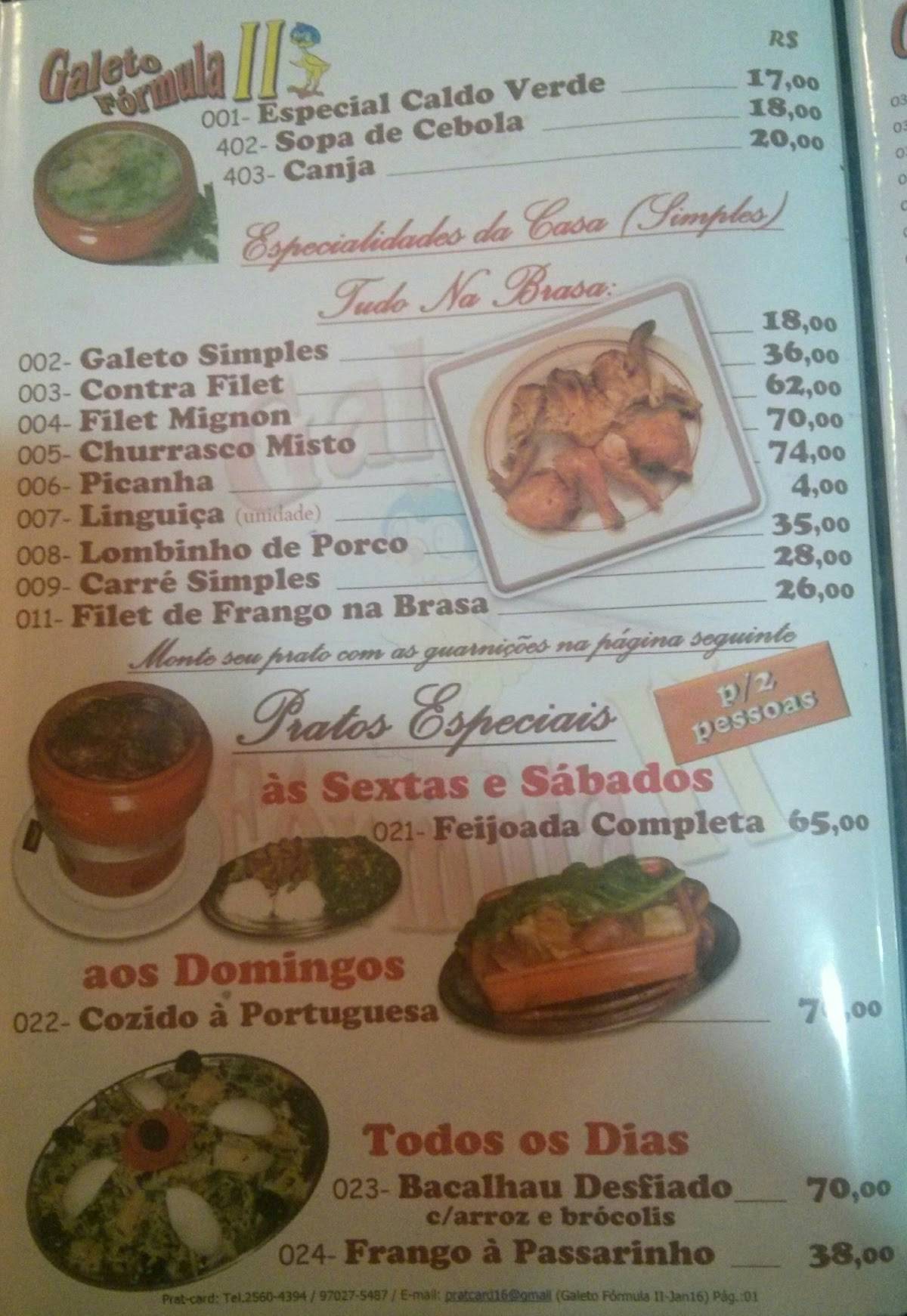 Galeto Fórmula II cardápio