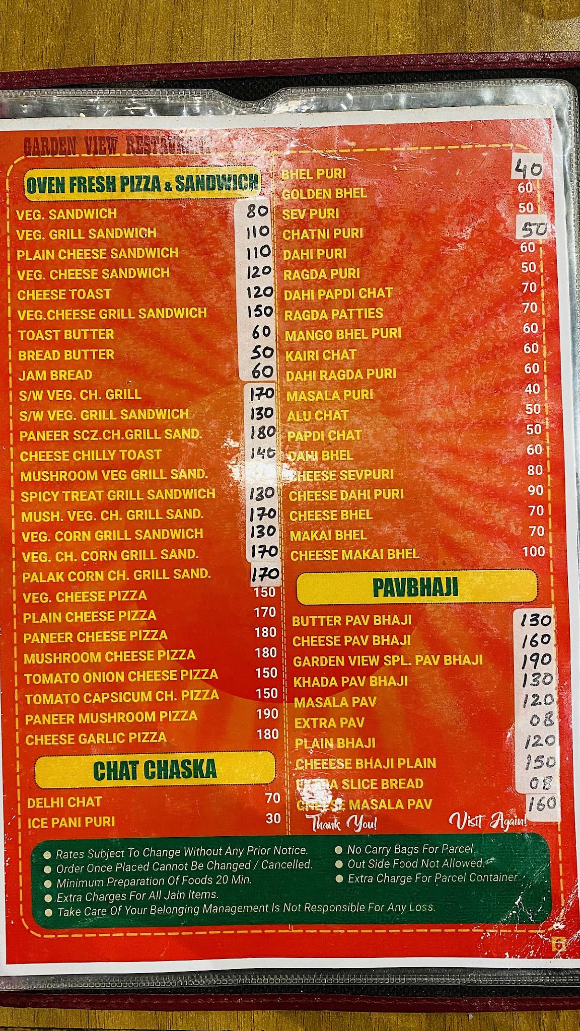 Garden View Restaurant menu