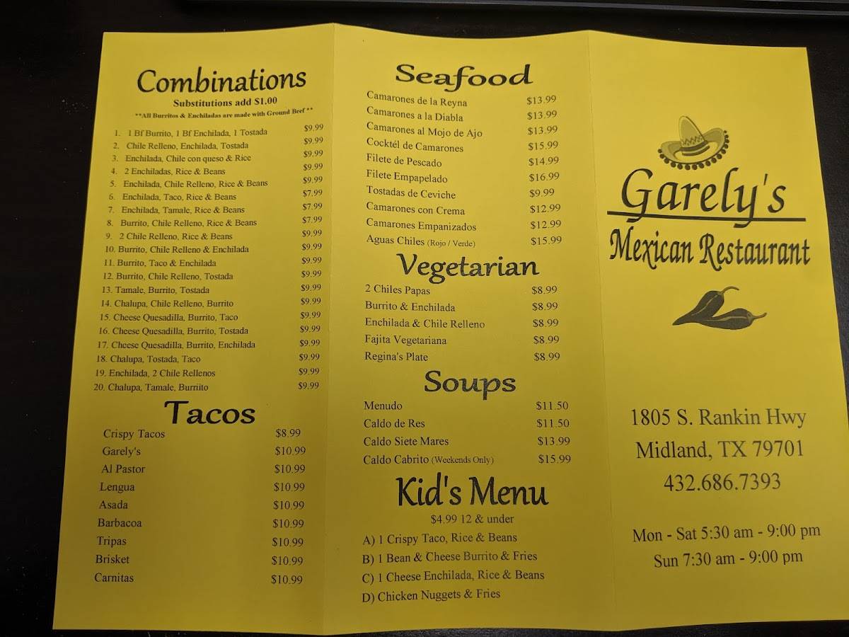 Menu at Garely's Mexican Restaurant Midland, Midland