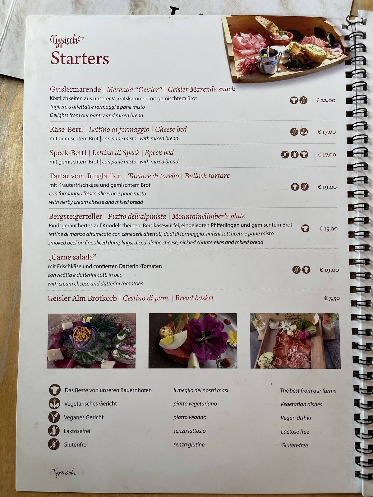 Menu di Rifugio Odle - Geisleralm 