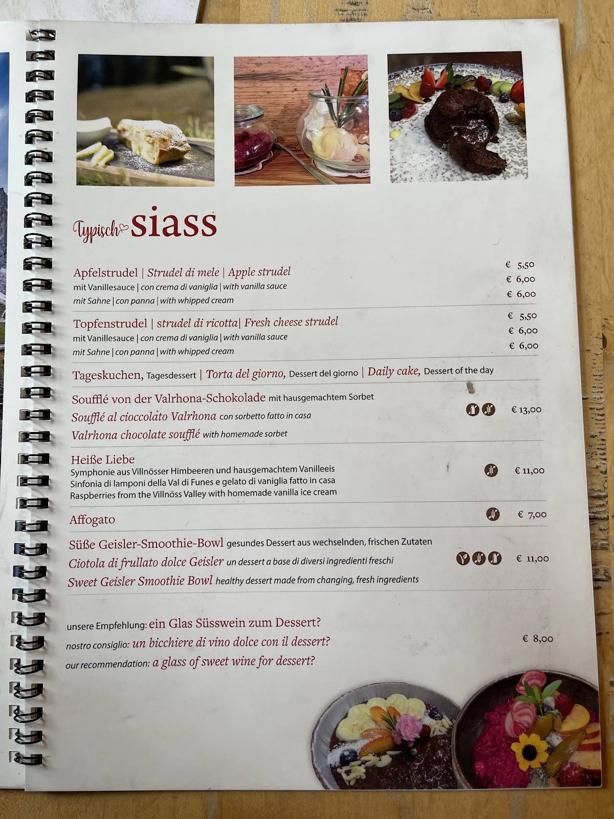 Menu di Rifugio Odle - Geisleralm 