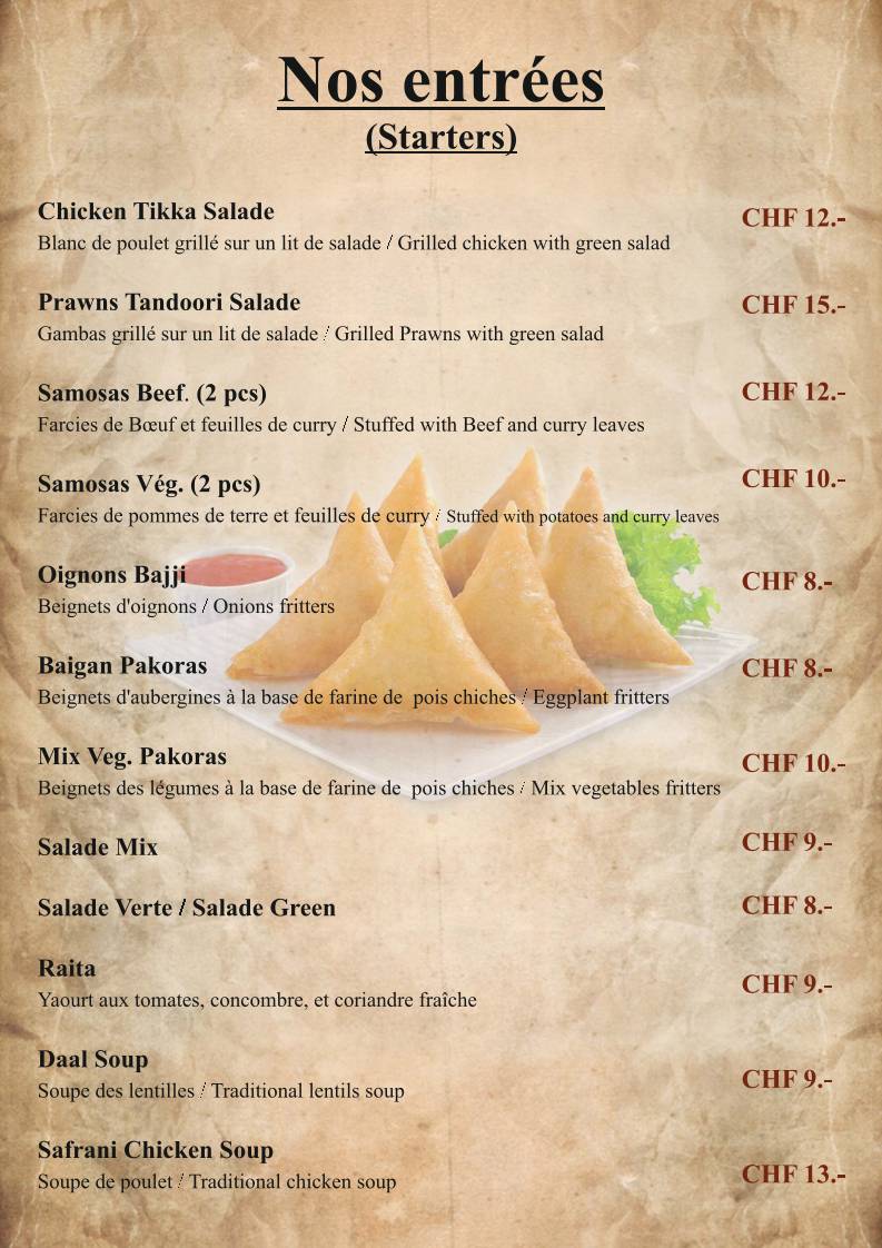 Menu di Le Safran - Restaurant Indien à Genève 