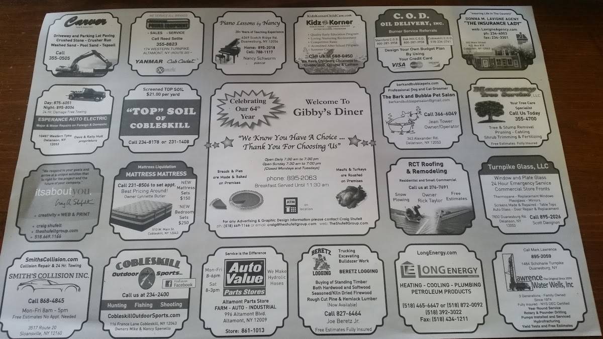 Menu at Gibby's Diner & Restaurant, Delanson