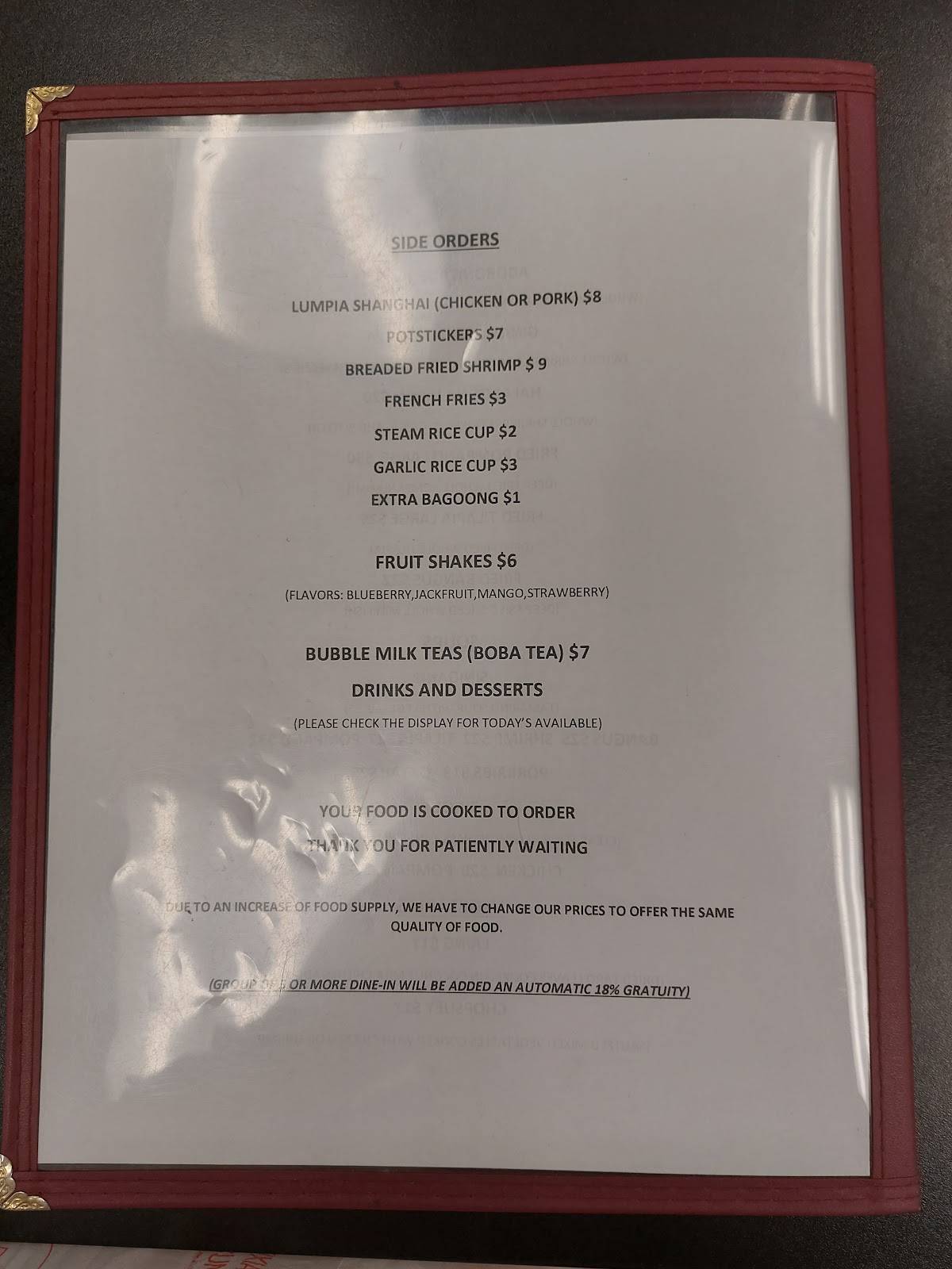 Menu at Gold Digger Filipino Restaurant, Juneau