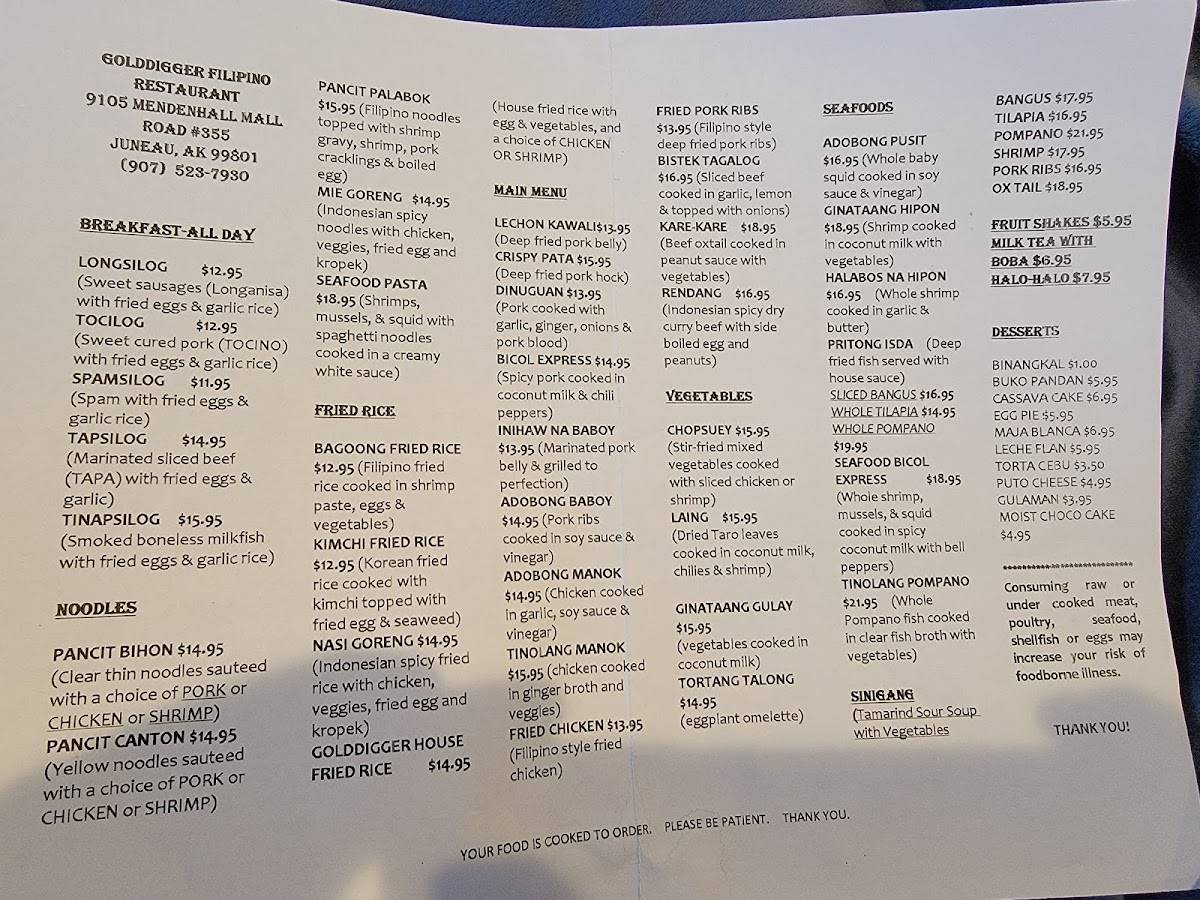 Menu at Gold Digger Filipino Restaurant, Juneau