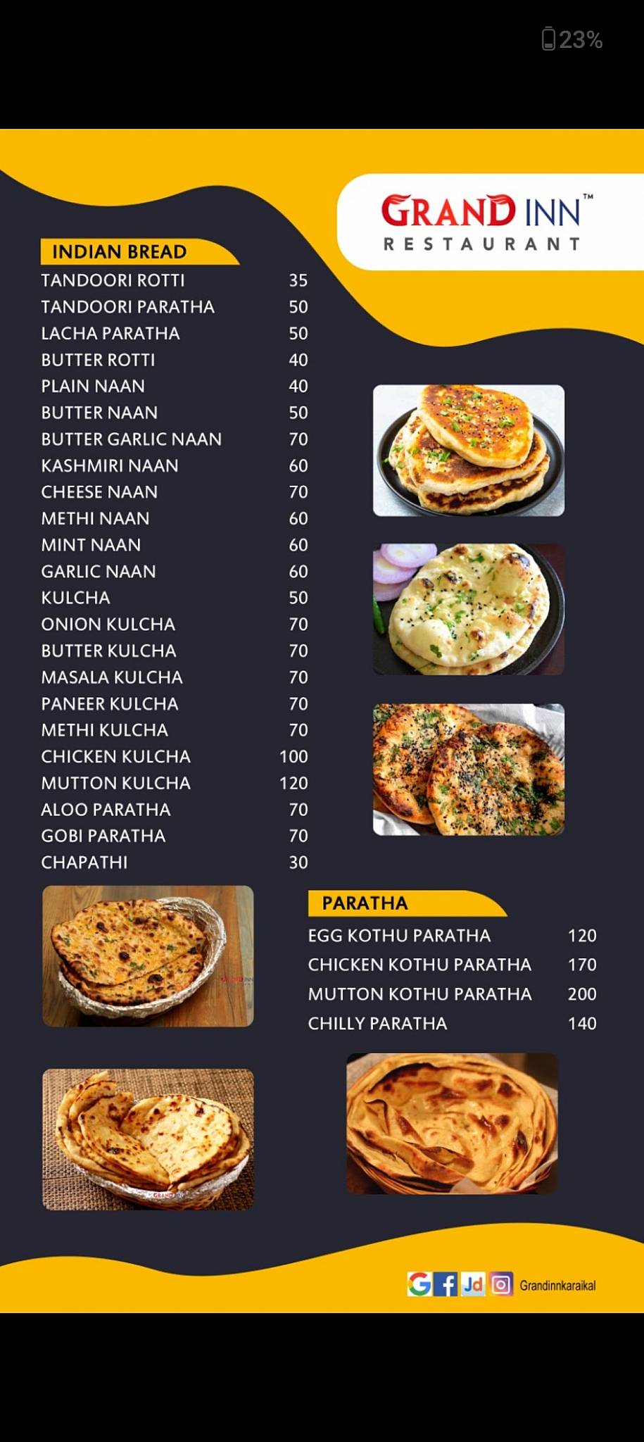 Grand inn Restaurant menu