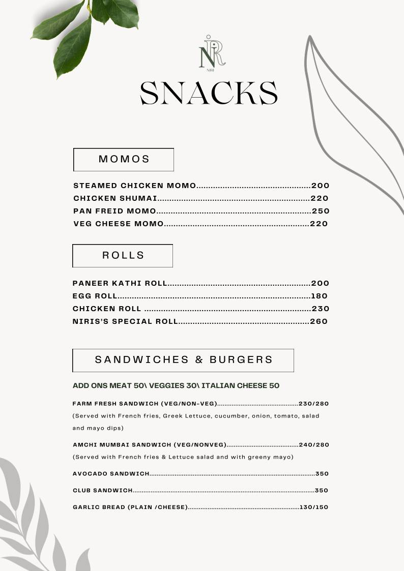 Niri's Park View Restaurant menu