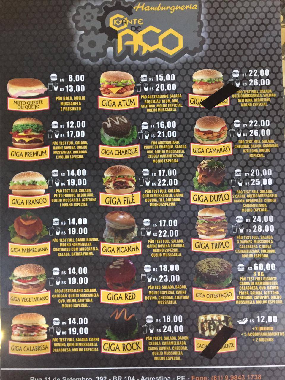 Hamburgueria Gigante de Aço cardápio
