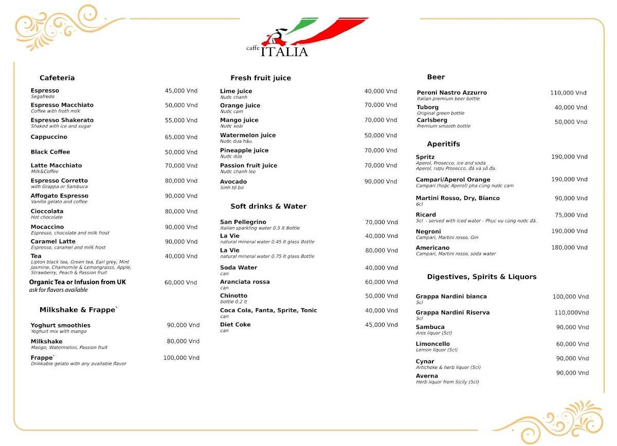 Carta de pizzería Caffè Italia, Hanoi