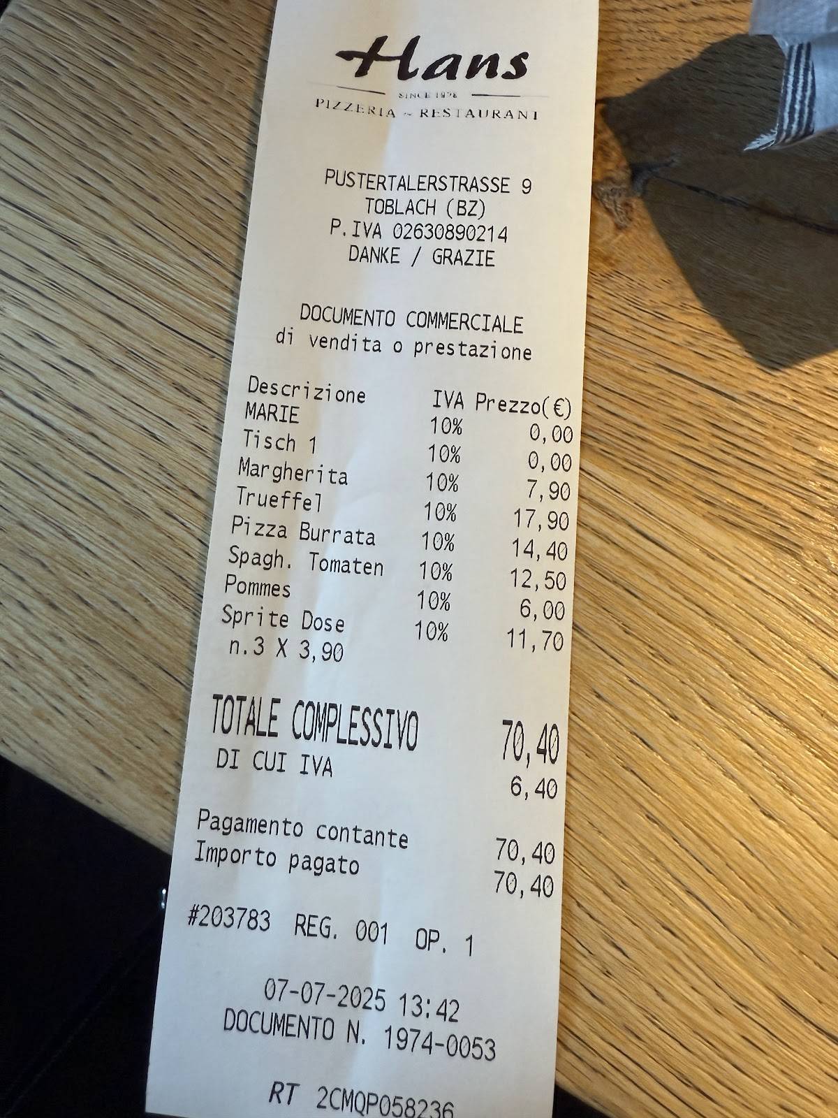 Menu di Pizzeria Hans 