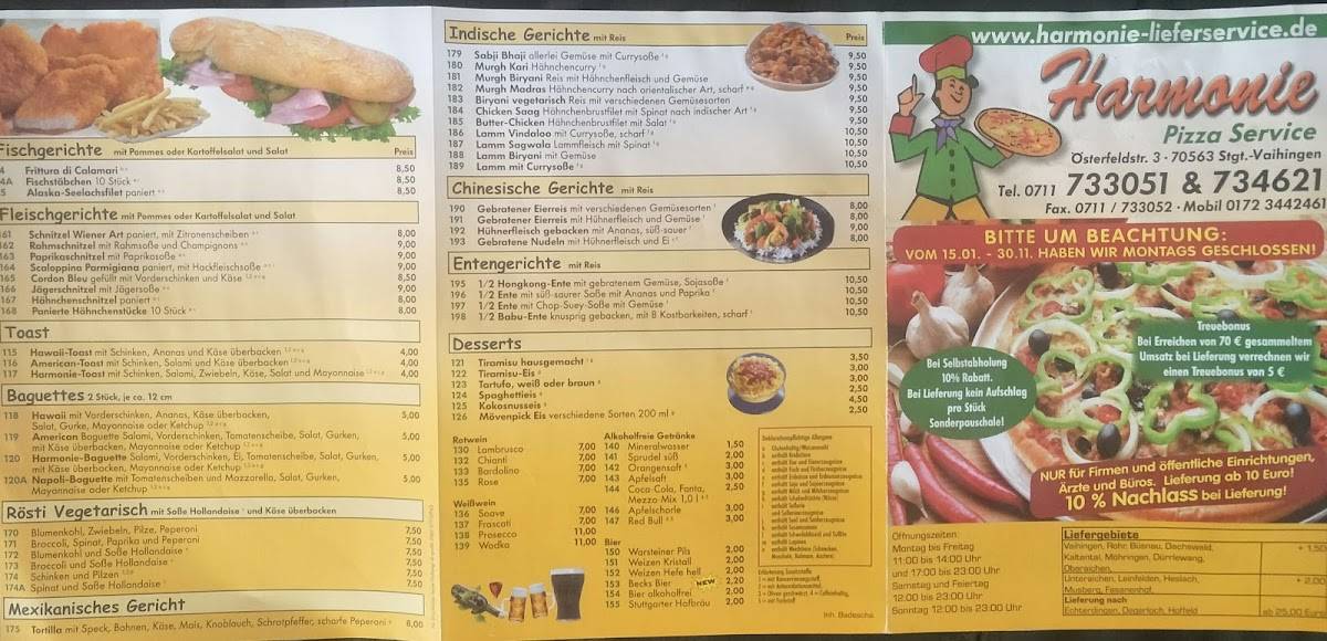 Menu de Harmonie Pizza Service