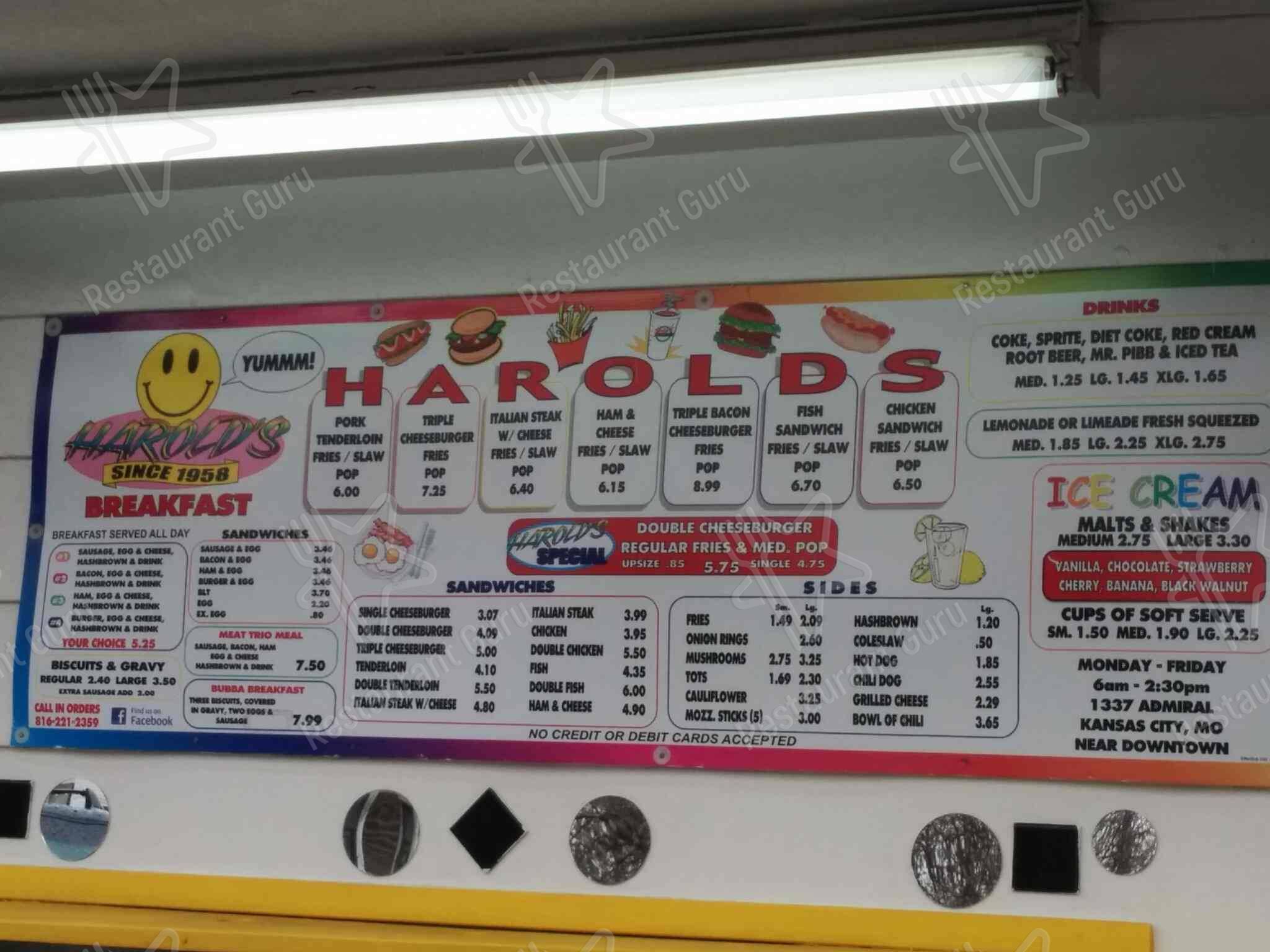 Menu at Harold's DriveIn fast food, Kansas City