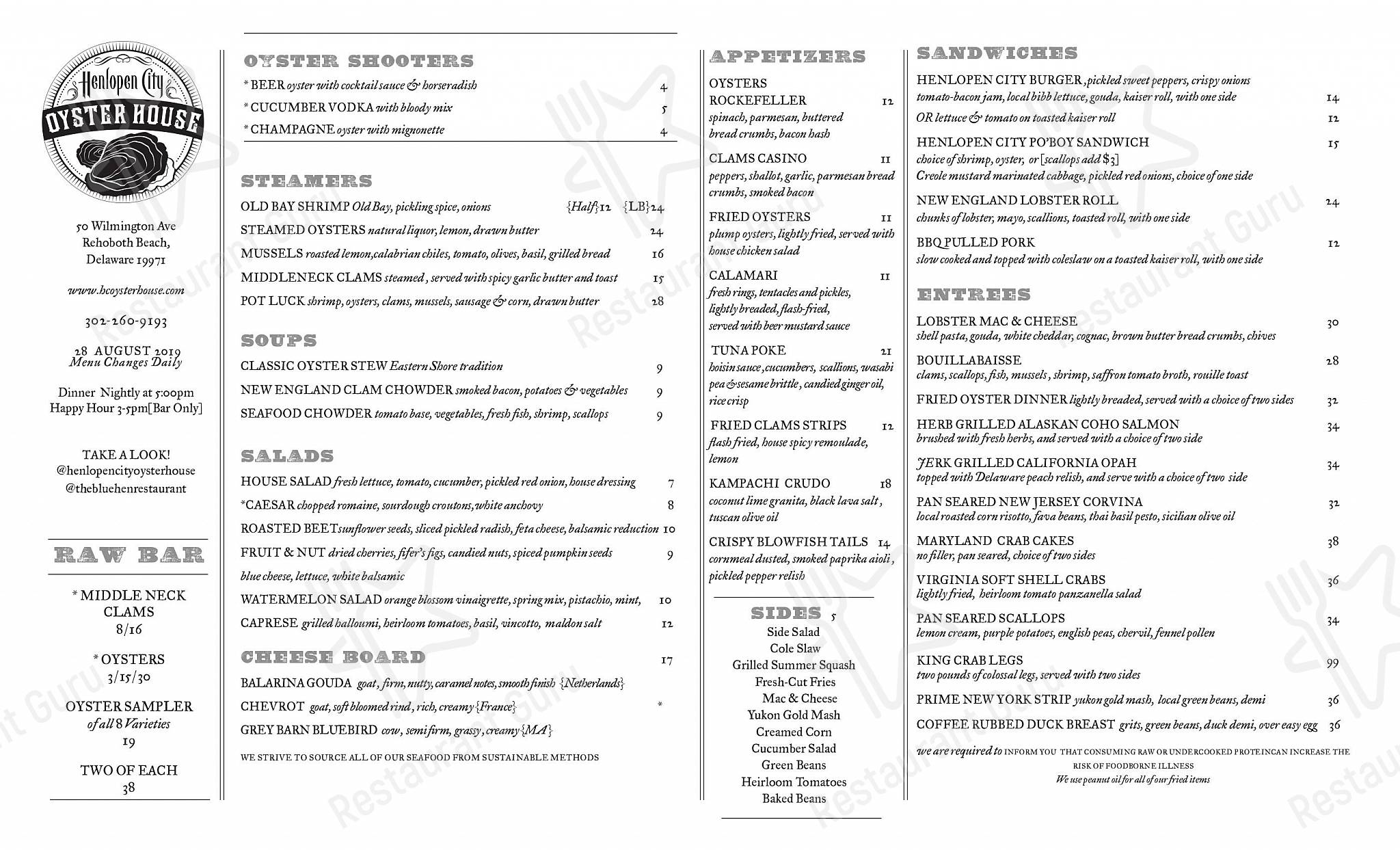 Menu at Henlopen City Oyster House restaurant, Rehoboth Beach