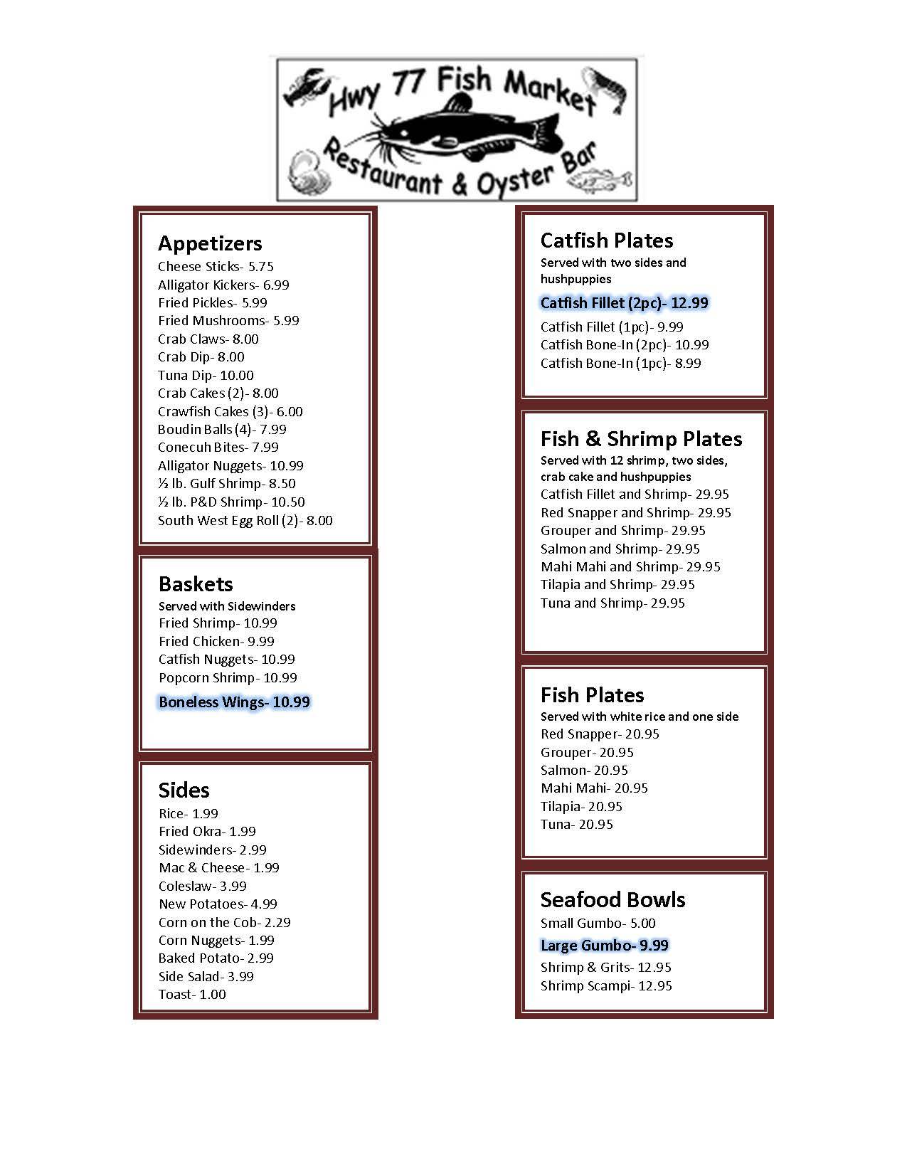 Menu at Highway 77 Fish Market Restaurant LLC, Lincoln