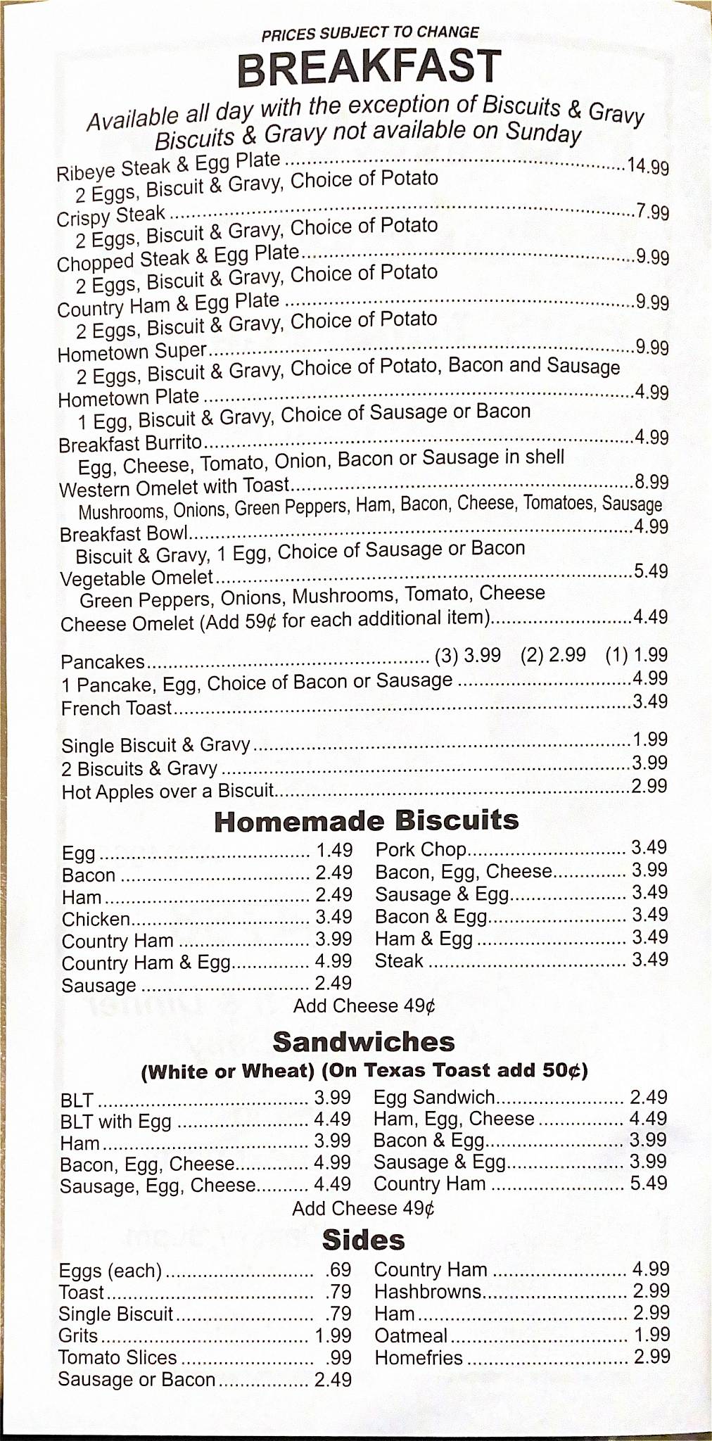 Menu at Hometown Restaurant, Peterstown, 137 Market St