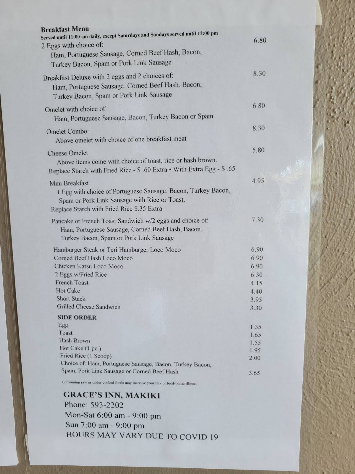 Menu at Grace's Inn fast food, Honolulu, S Beretania St. # 101