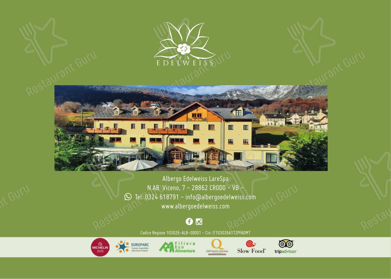 Menu di Albergo Ristorante Edelweiss - Larespa - Menu bar