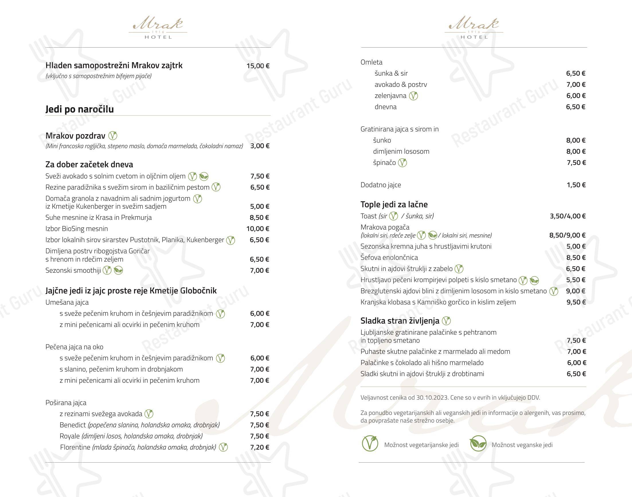 Hotel Mrak in Lubiana - Menu
