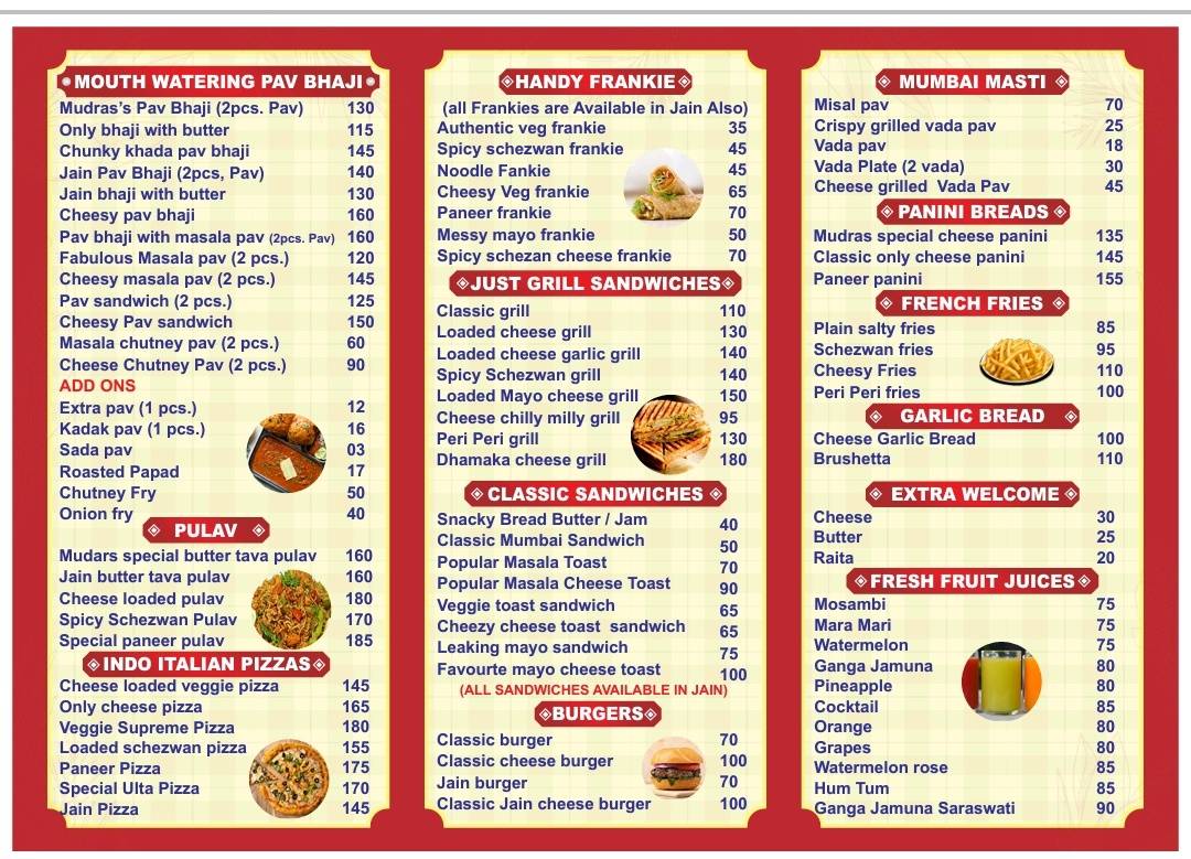 Hotel Mudras menu