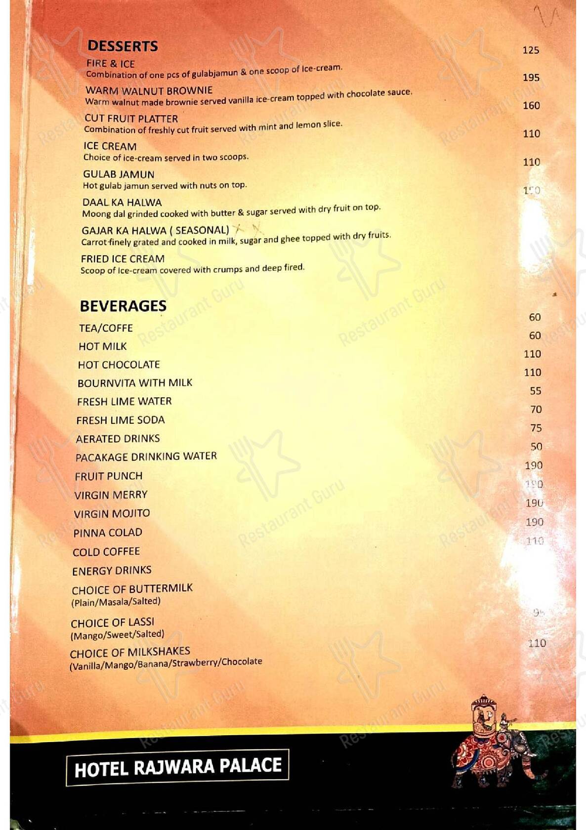 Hotel Rajwara Palace Jodhpur menu