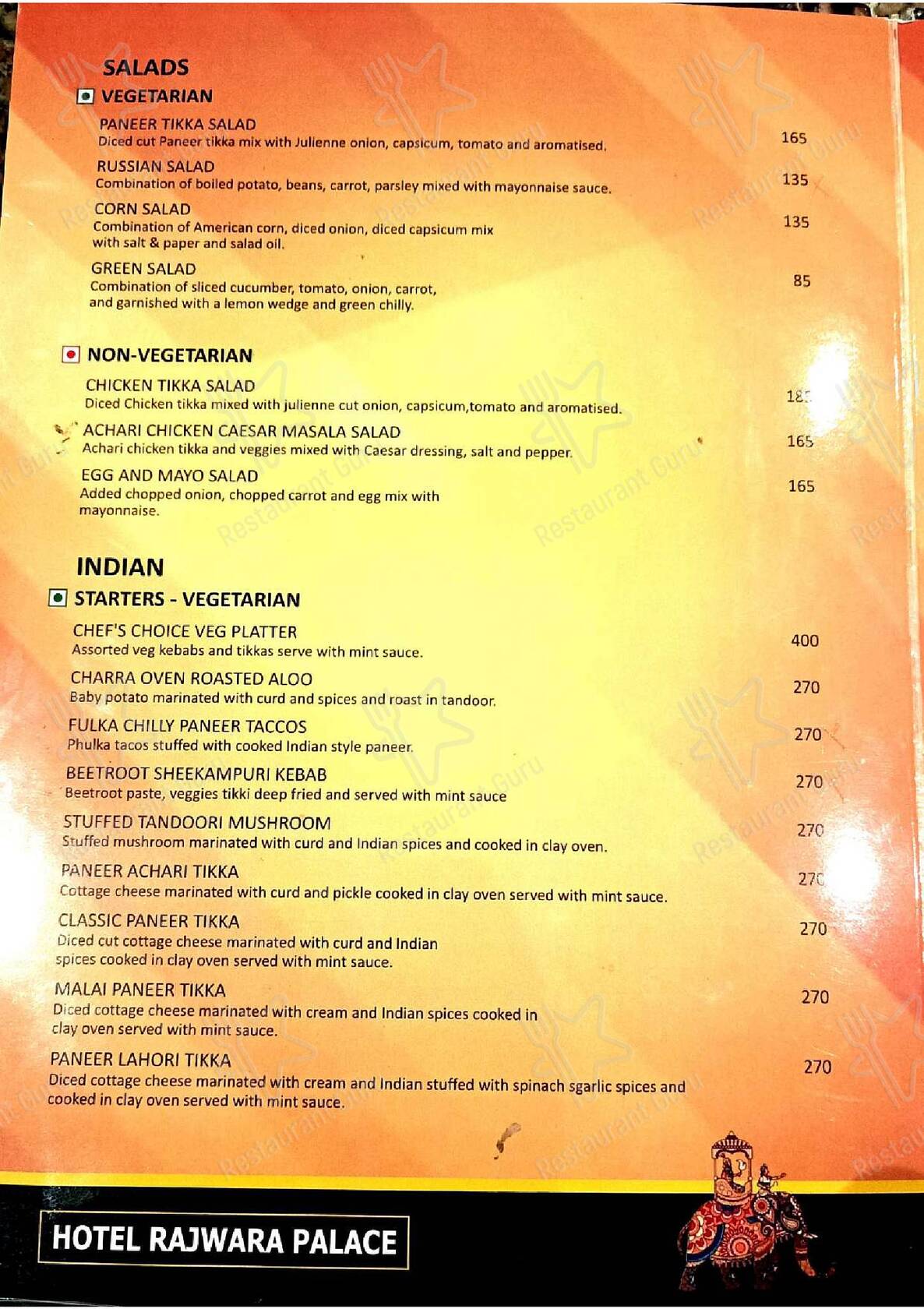 Hotel Rajwara Palace Jodhpur menu