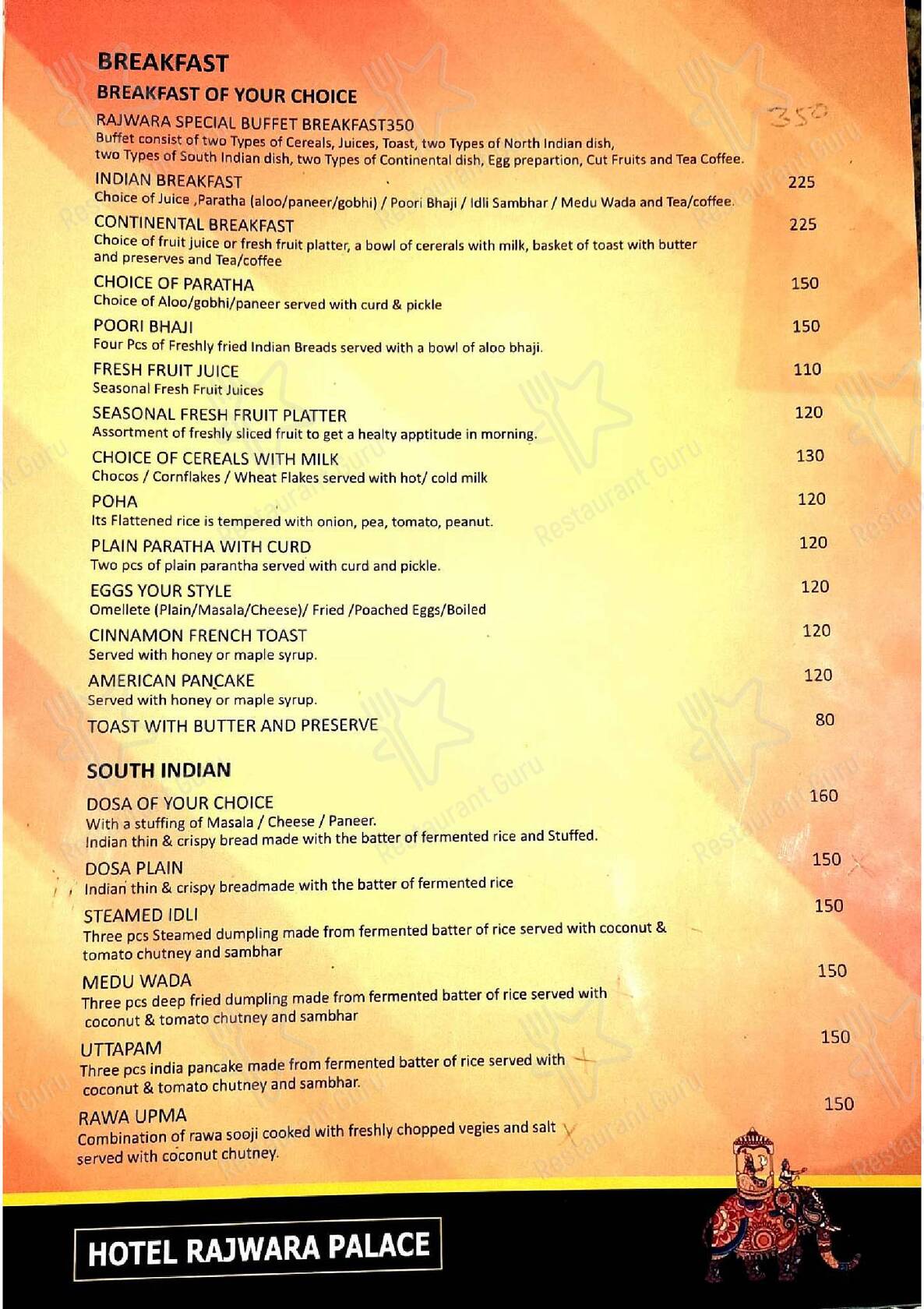 Hotel Rajwara Palace Jodhpur menu