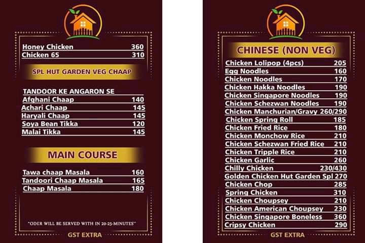 Hut Garden Family restaurant menu