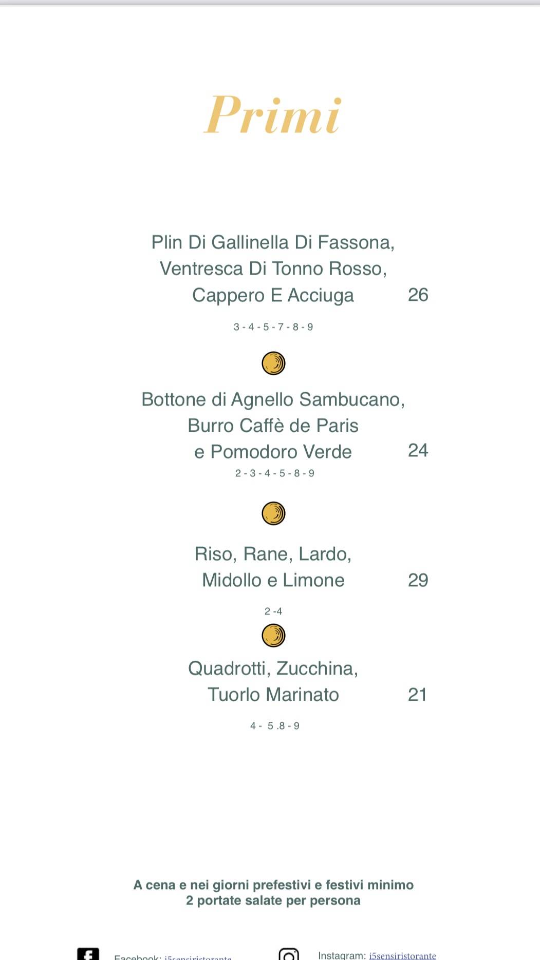 Menu di I 5 Sensi Ristorante 