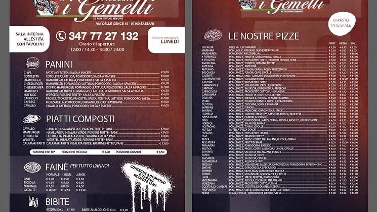 Menu di I Gemelli di Pais Simone e Nino 