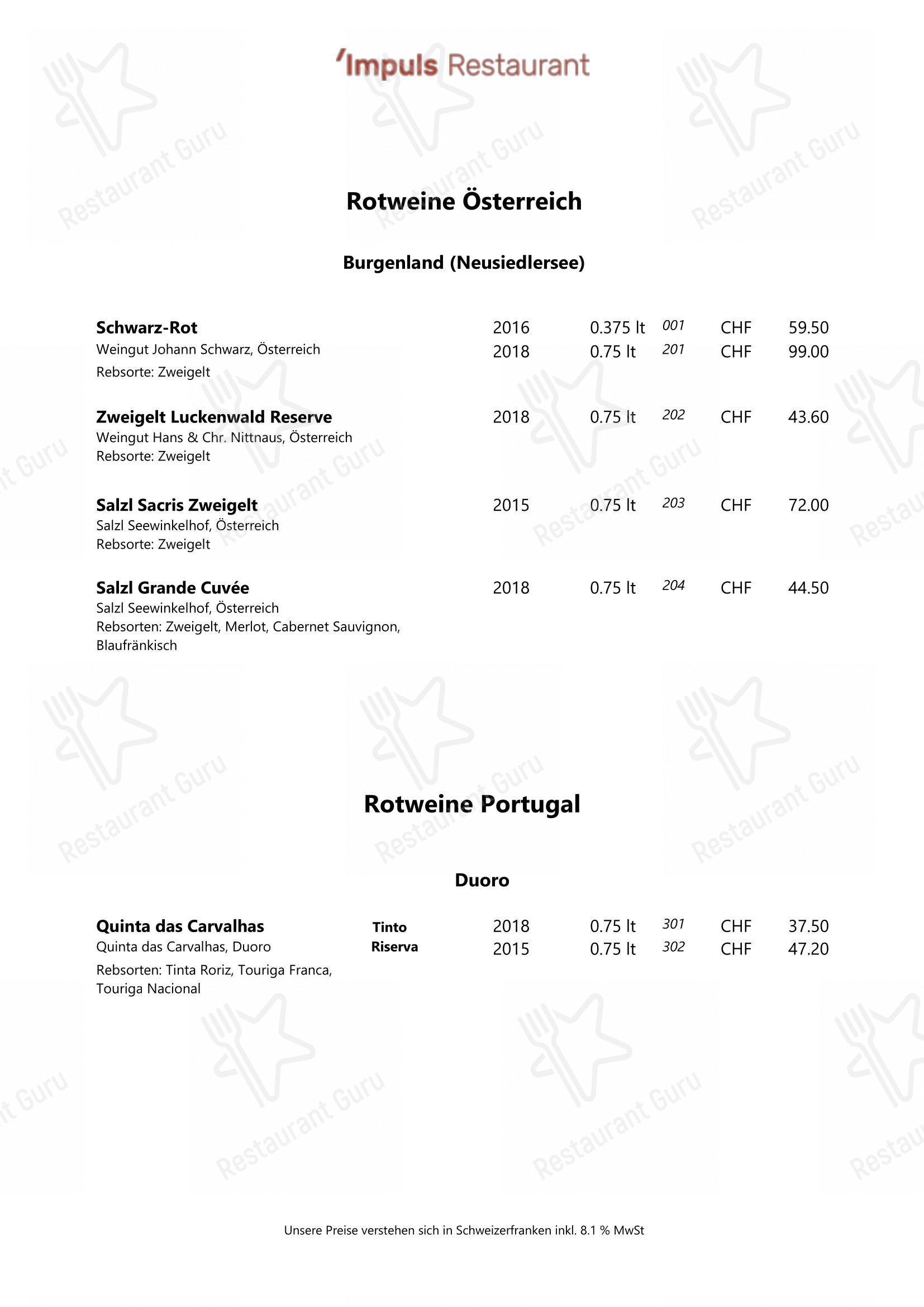 Menu bar per IMPULS - Restaurant in Wetzikon