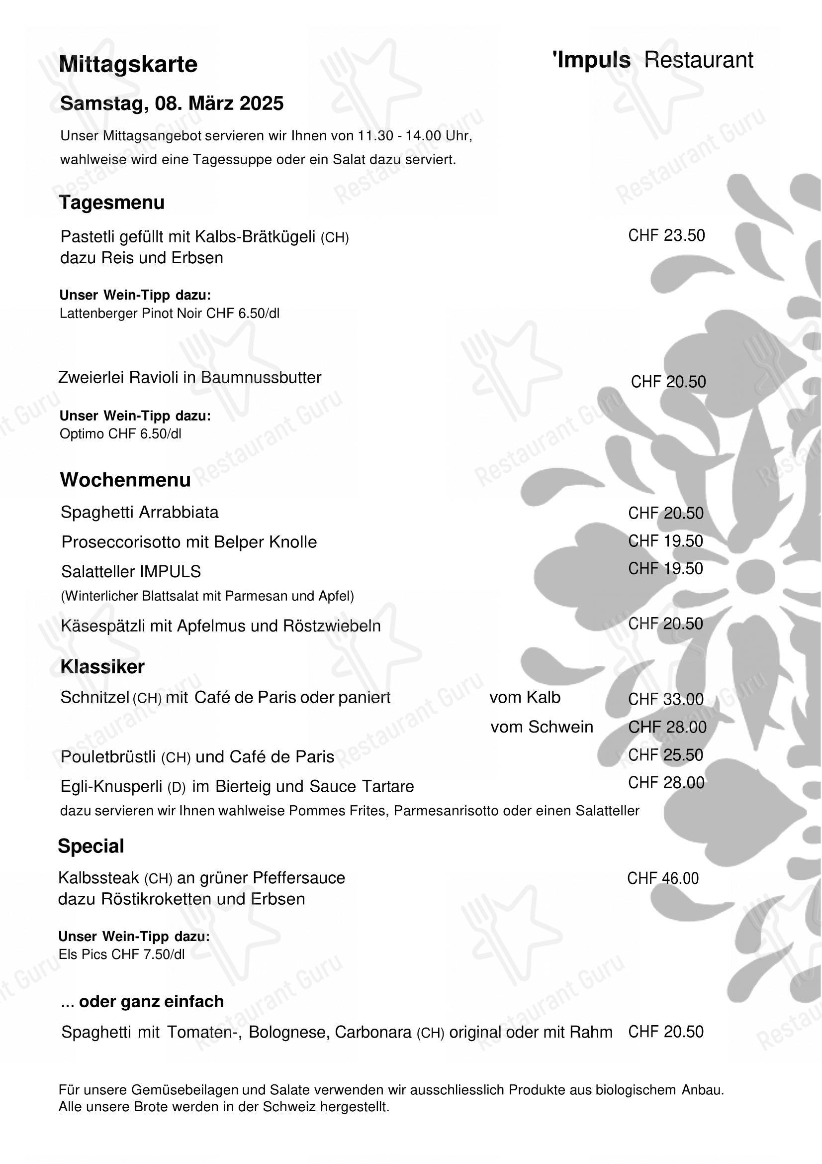 Dinner Menu per IMPULS - Restaurant ristorante