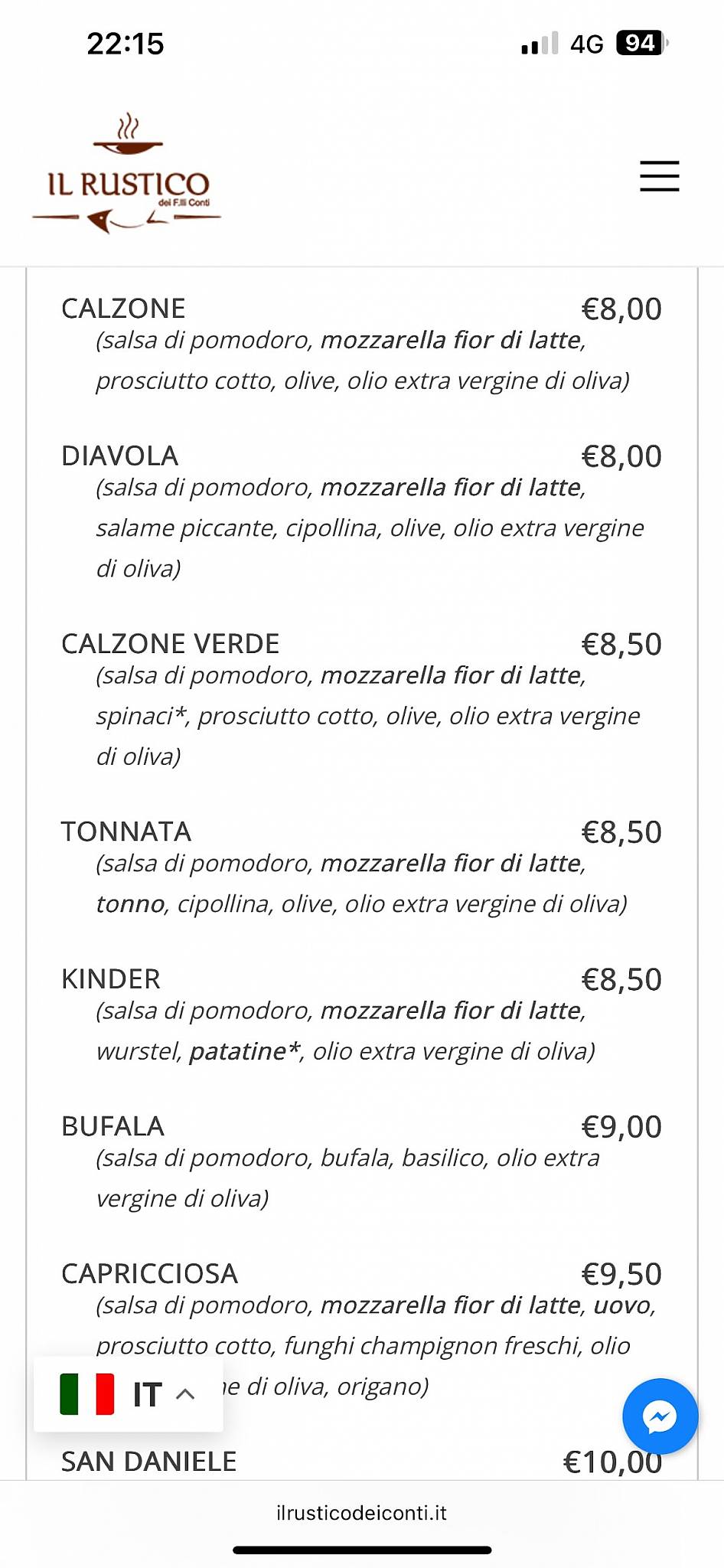 Menu di Il Rustico dei F.lli Conti Ristorante e Pizzeria 