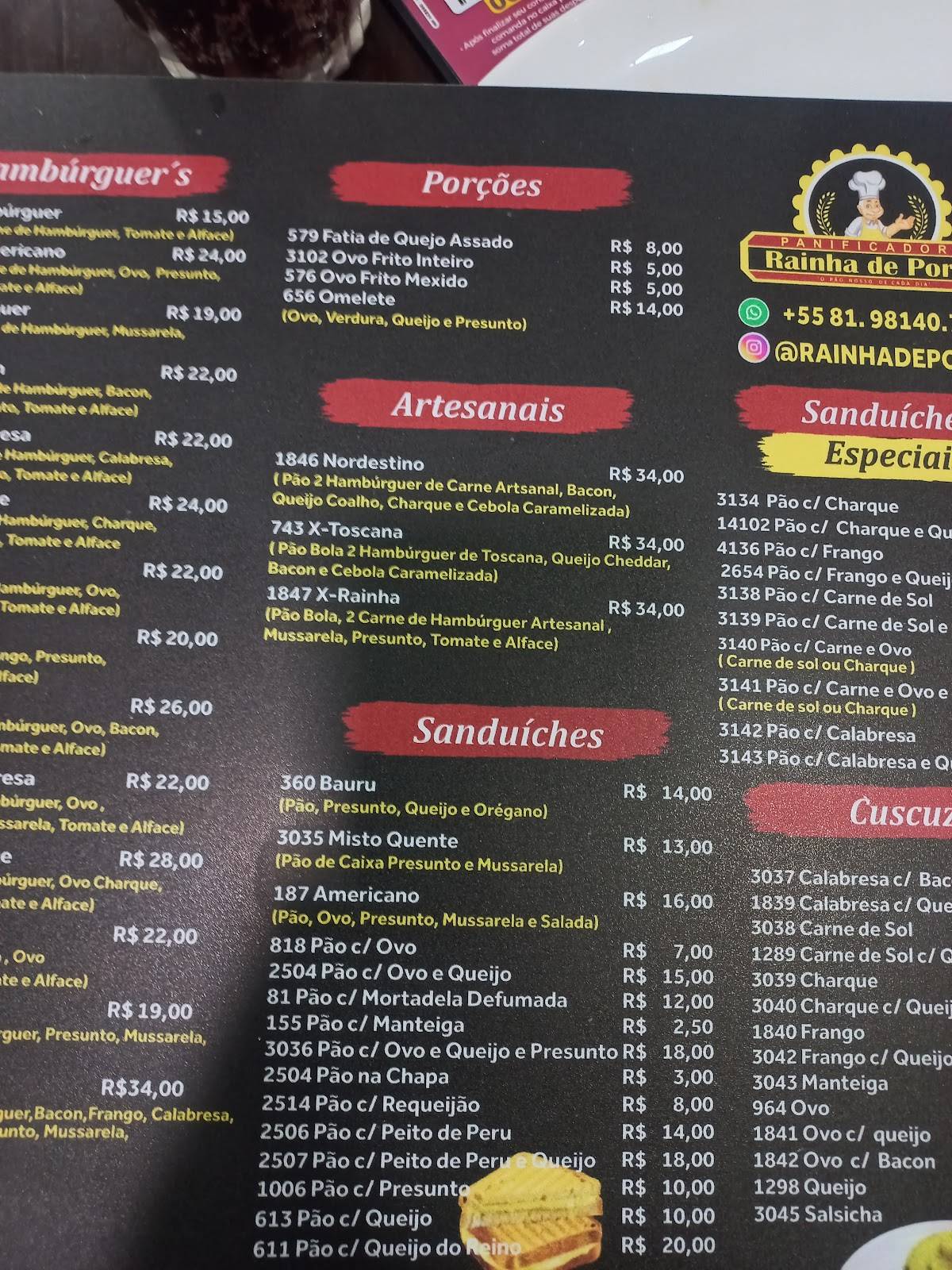 Panificadora Rainha de Porto de galinhas cardápio