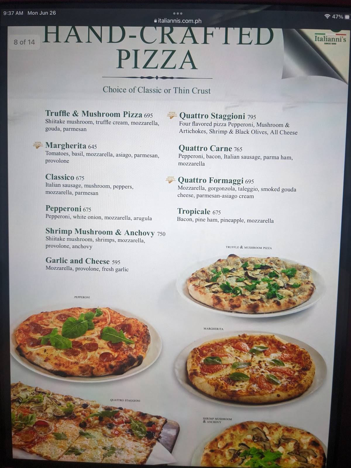 Carta del restaurante Italianni's, Makati, Level 2, Glorietta 4