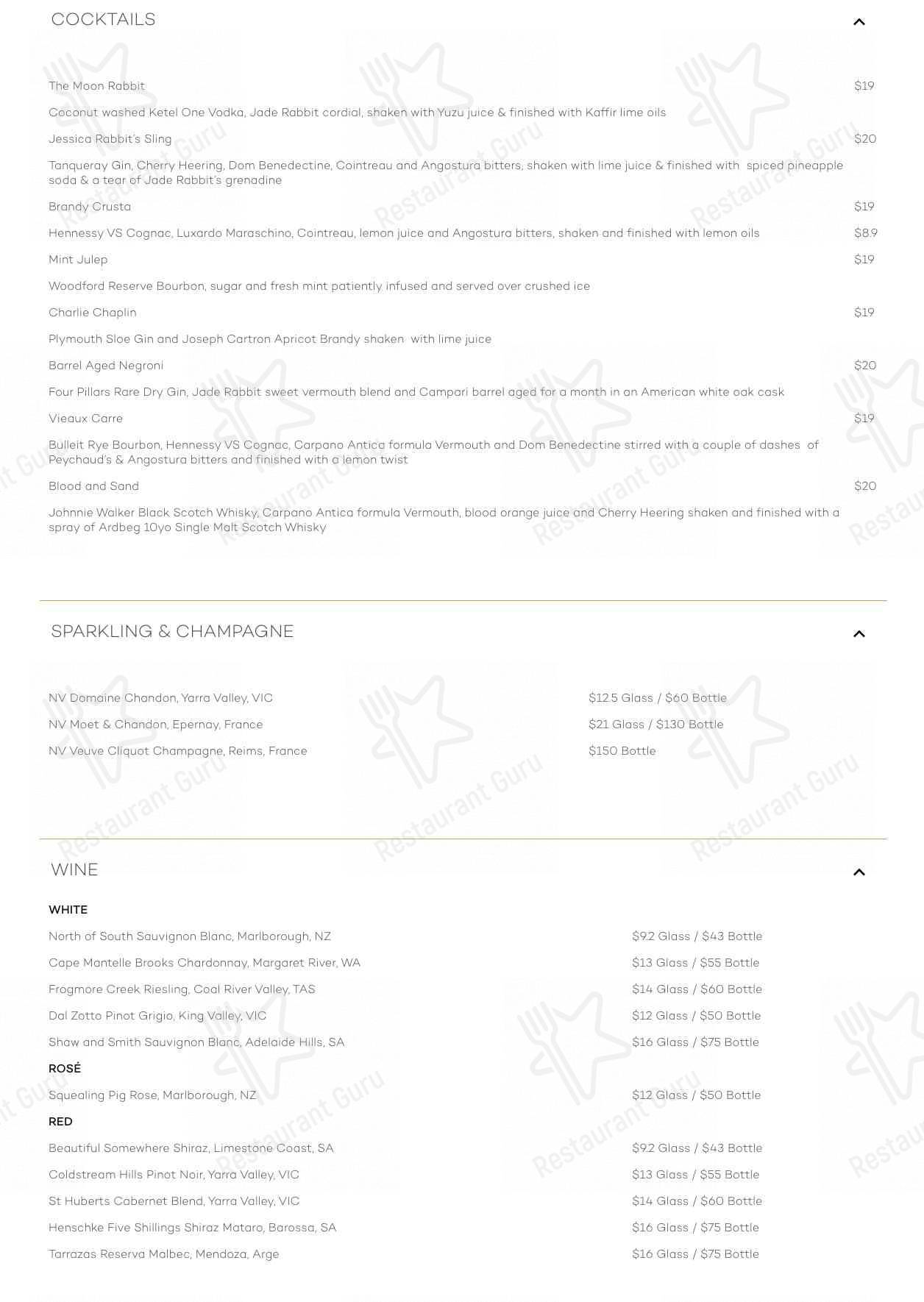 Menu at Jade Rabbit pub & bar, Pyrmont