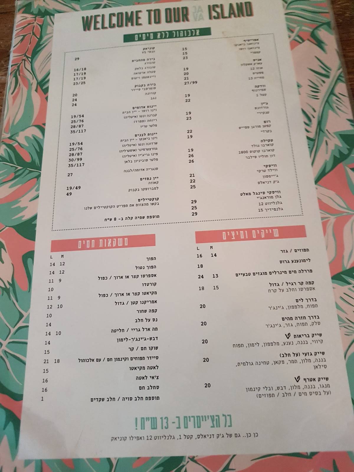 Menu at Java Cafe, Auckland