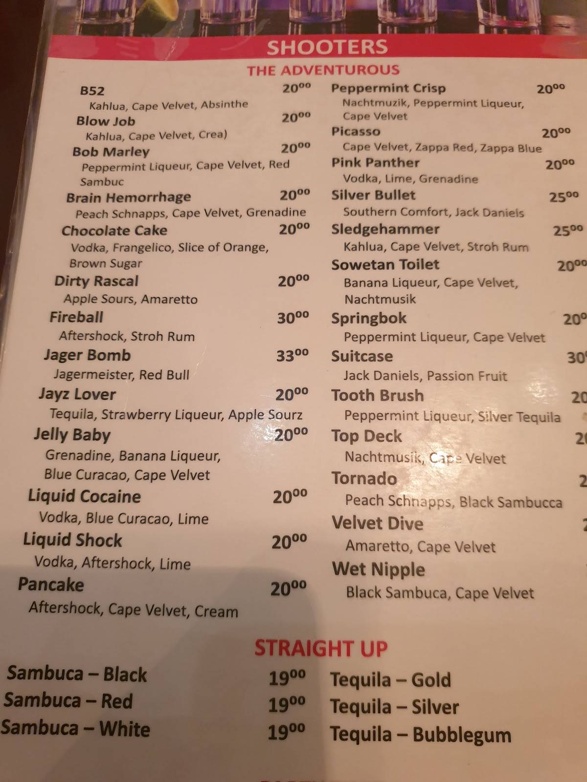Menu at Jayz Grill restaurant, Pietermaritzburg