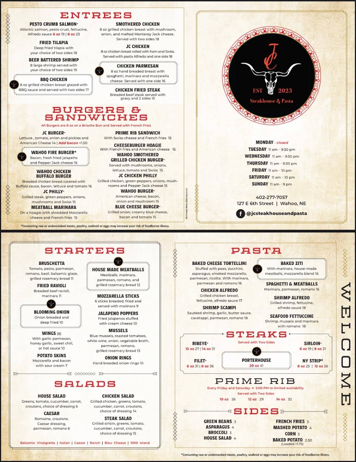 Menu at Jc’s Steakhouse, Wahoo