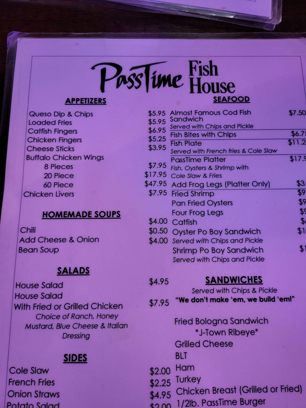 Menu at Passtime Fish House restaurant, Louisville