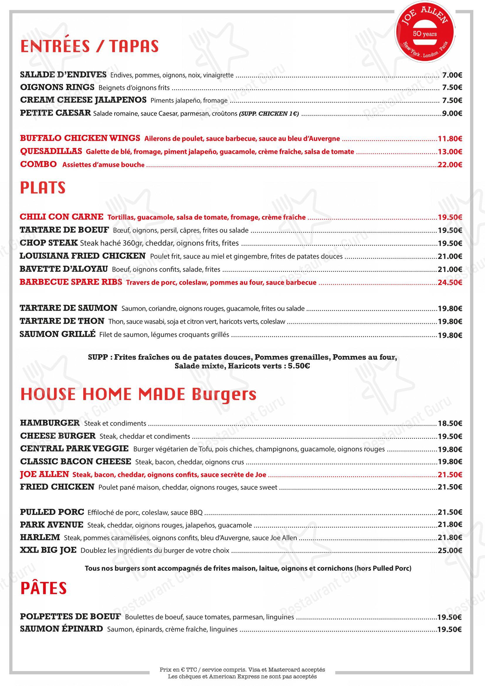 Joe Allen dans Paris - Menu
