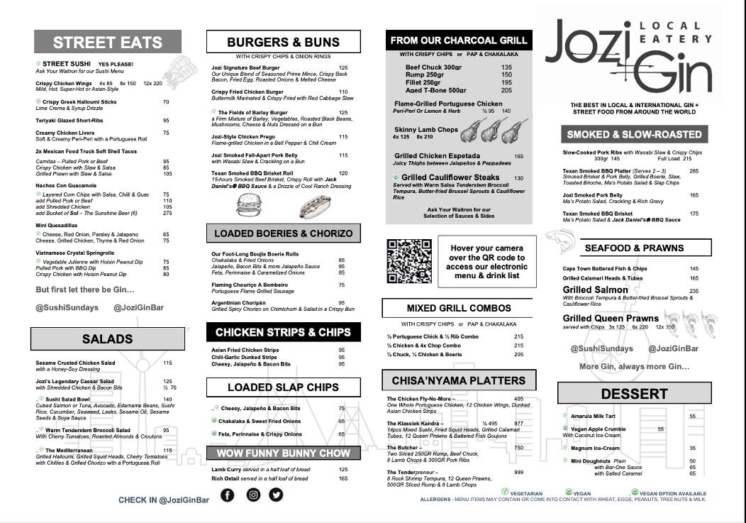 Menu at Jozi Gin Morningside pub & bar, Sandton
