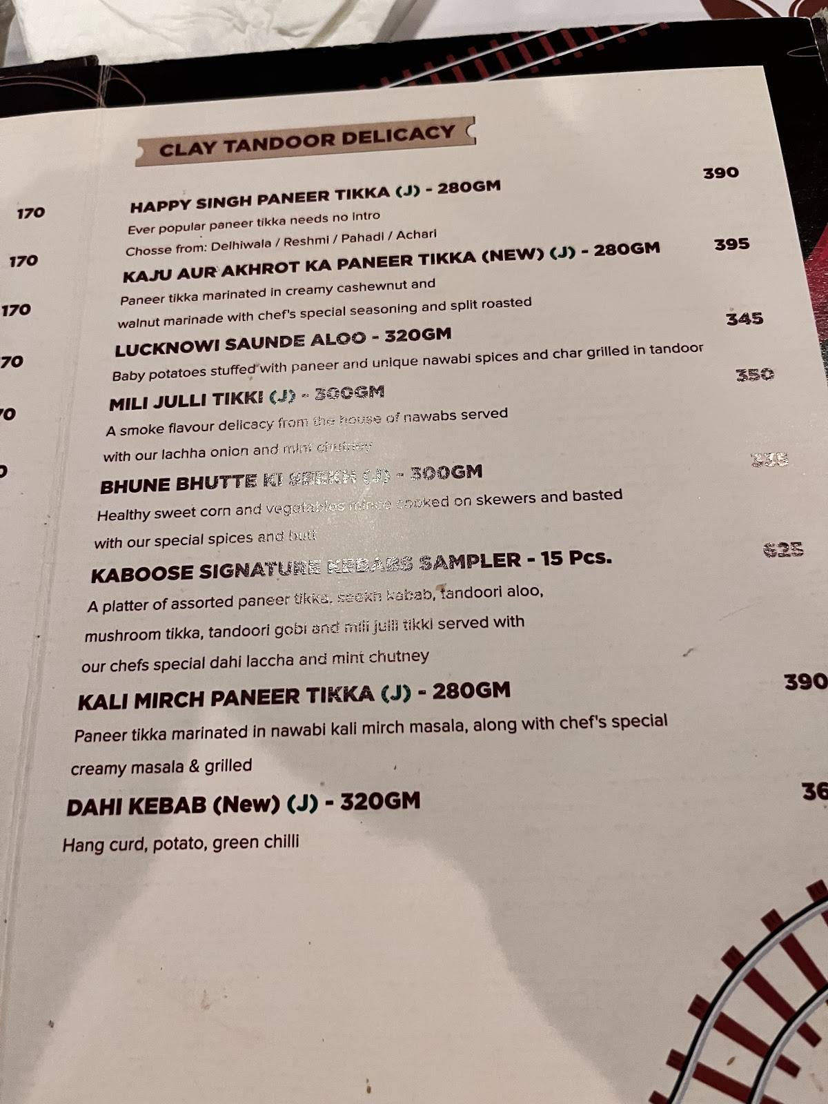 Kaboose Restaurant menu