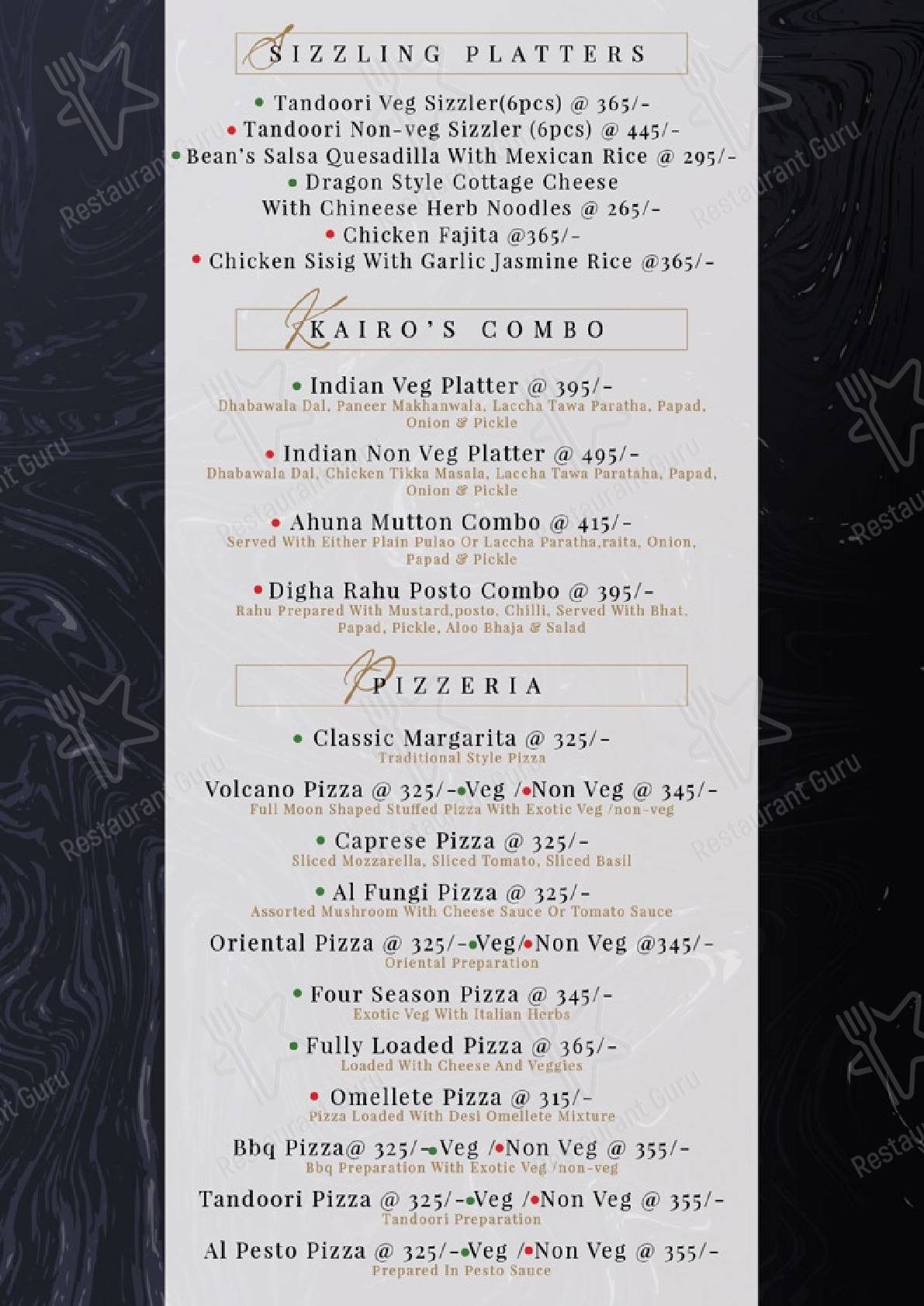 Kairo Bar and Lounge menu - meals and drinks
