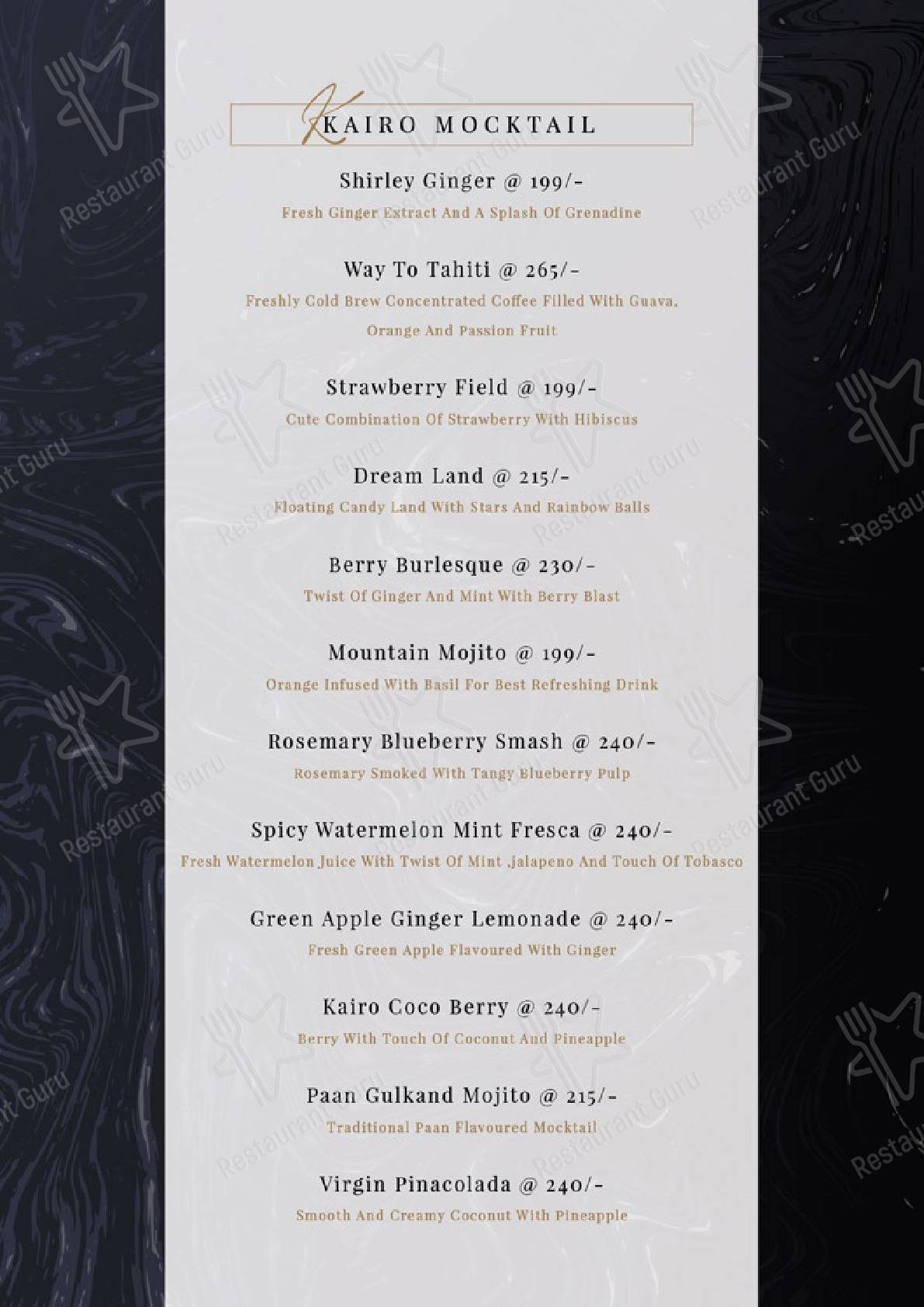 Check out the menu for Kairo Bar and Lounge