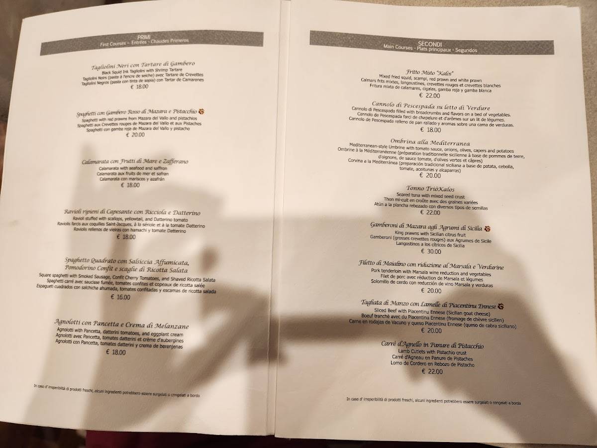 Menu di Ristorante Kalos Di Cipolla Antonio 