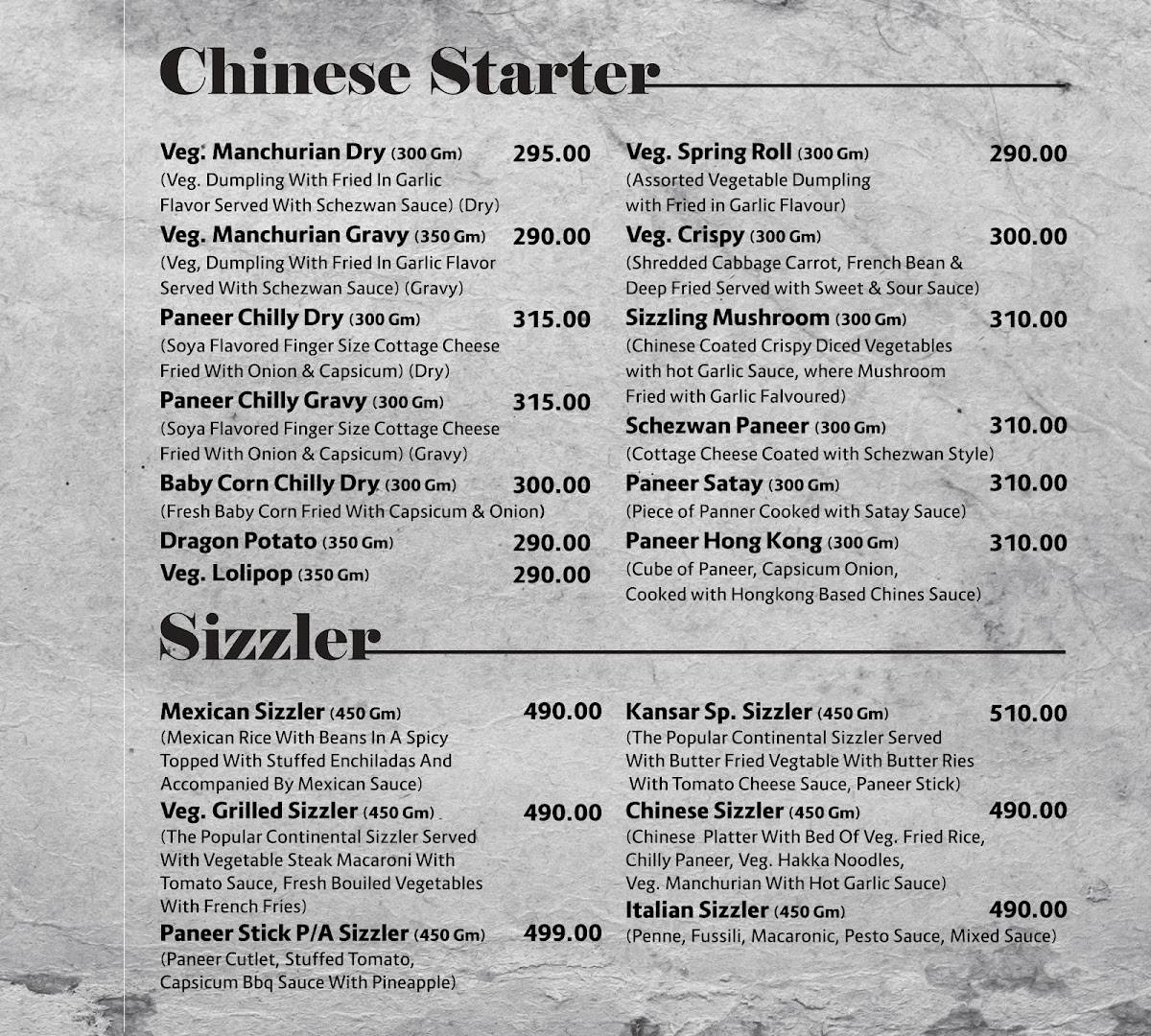 Kansar Garden Restaurant menu