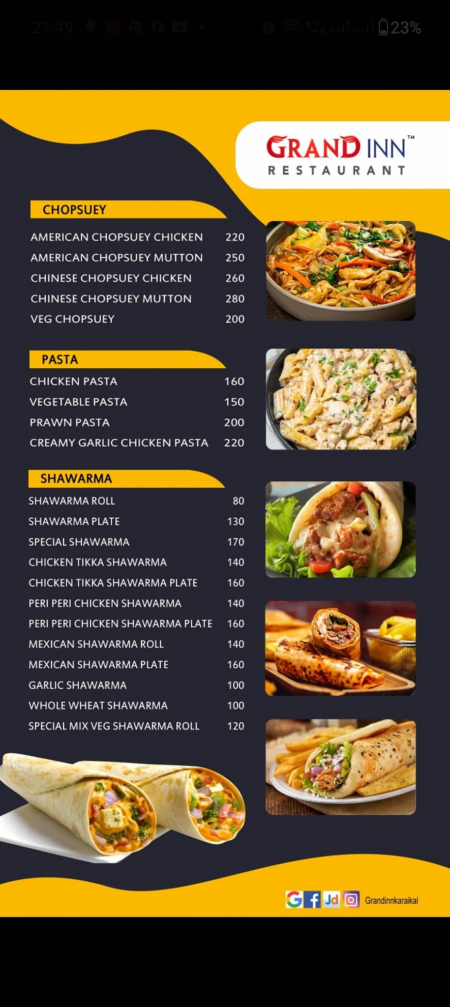 Grand inn Restaurant menu